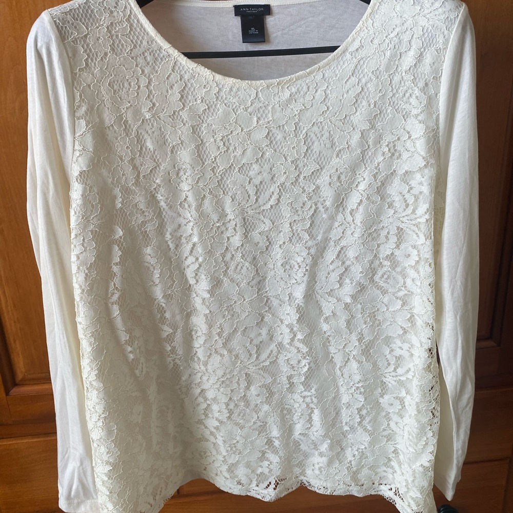 Ann Taylor Off white top with lace overlay